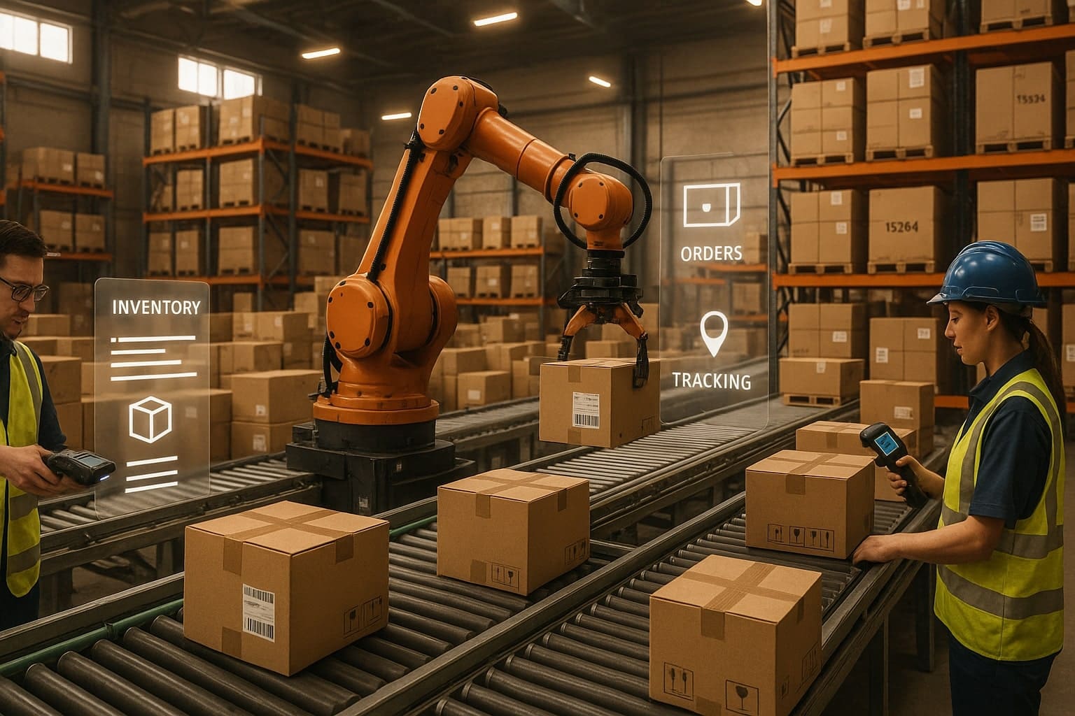 Interior warehouse dengan otomatisasi dan tangan robotik menyortir paket