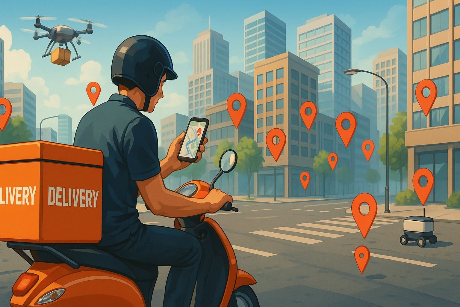 Kurir paket mengantarkan kiriman dengan skuter sambil melihat maps di handphone