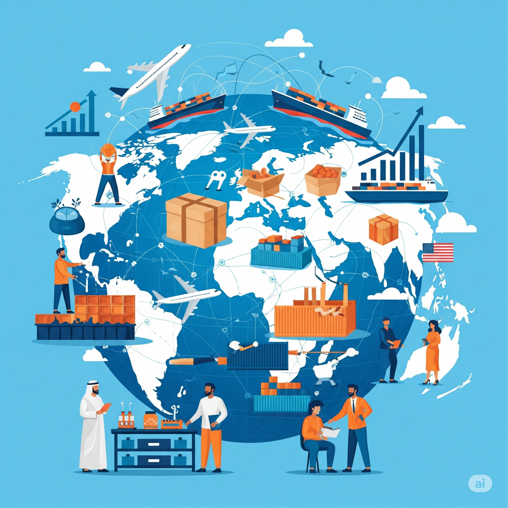 Ilustrasi profesional tentang perdagangan internasional yang menunjukkan peta dunia dengan jalur perdagangan, kapal, pesawat, dan kontainer, menekankan pertumbuhan bisnis dan kolaborasi global.