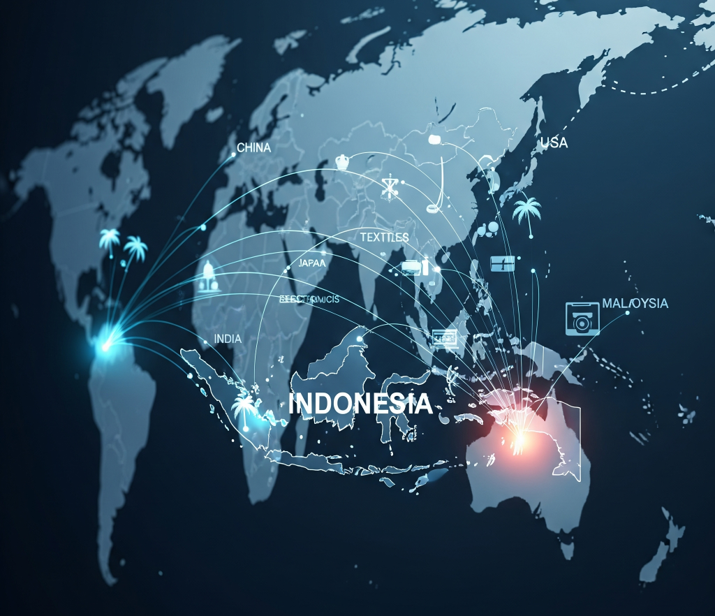 Peta perdagangan global yang realistis dan menarik secara visual, menunjukkan garis-garis yang menghubungkan Indonesia ke negara tujuan ekspor Indonesia utama seperti Tiongkok, Amerika Serikat, Jepang, India, dan Malaysia. Representasi halus produk ekspor utama Indonesia (misalnya, minyak sawit, batu bara, tekstil, elektronik) mengalir di sepanjang garis-garis ini. Peta ini memiliki desain modern dan agak abstrak dengan elemen digital yang halus, menyampaikan konektivitas global, kekuatan ekonomi, dan perdagangan internasional.