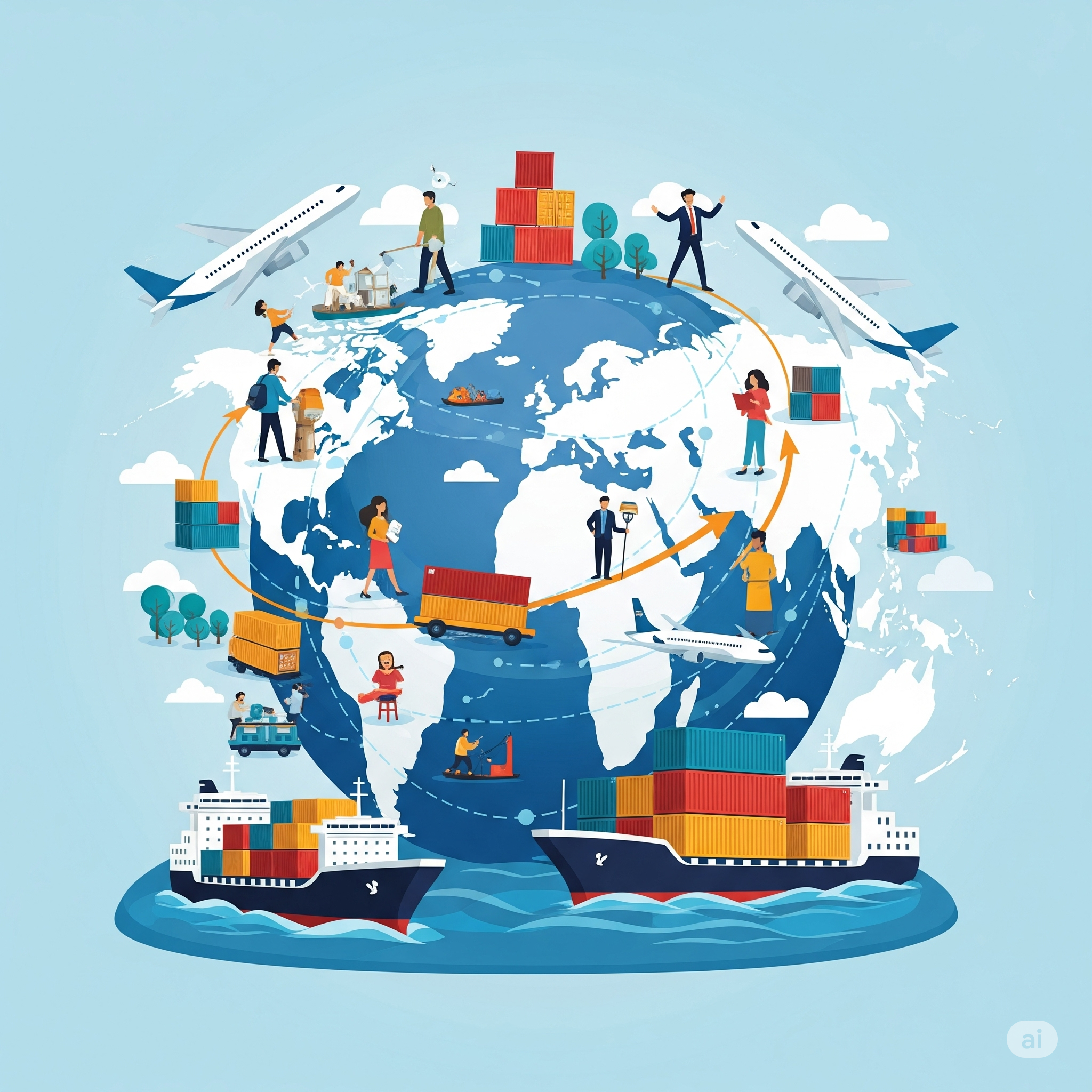 Ilustrasi modern yang dinamis tentang perdagangan internasional yang menampilkan pertukaran produk global melalui kapal, pesawat, dan kontainer, dengan figur manusia yang beragam berinteraksi.
