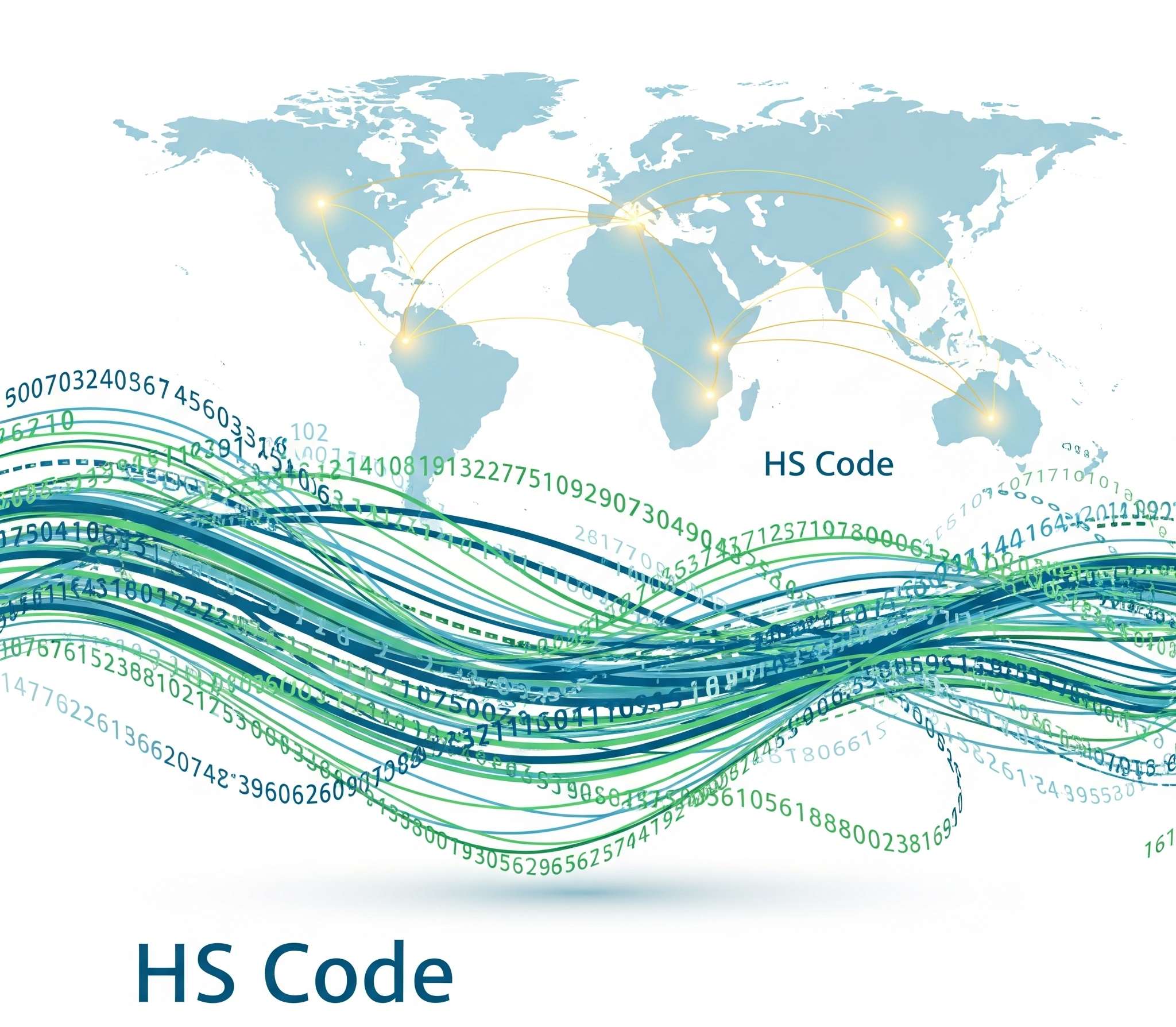 Representasi digital HS Code dan peta dunia yang saling terhubung, melambangkan klasifikasi perdagangan global.