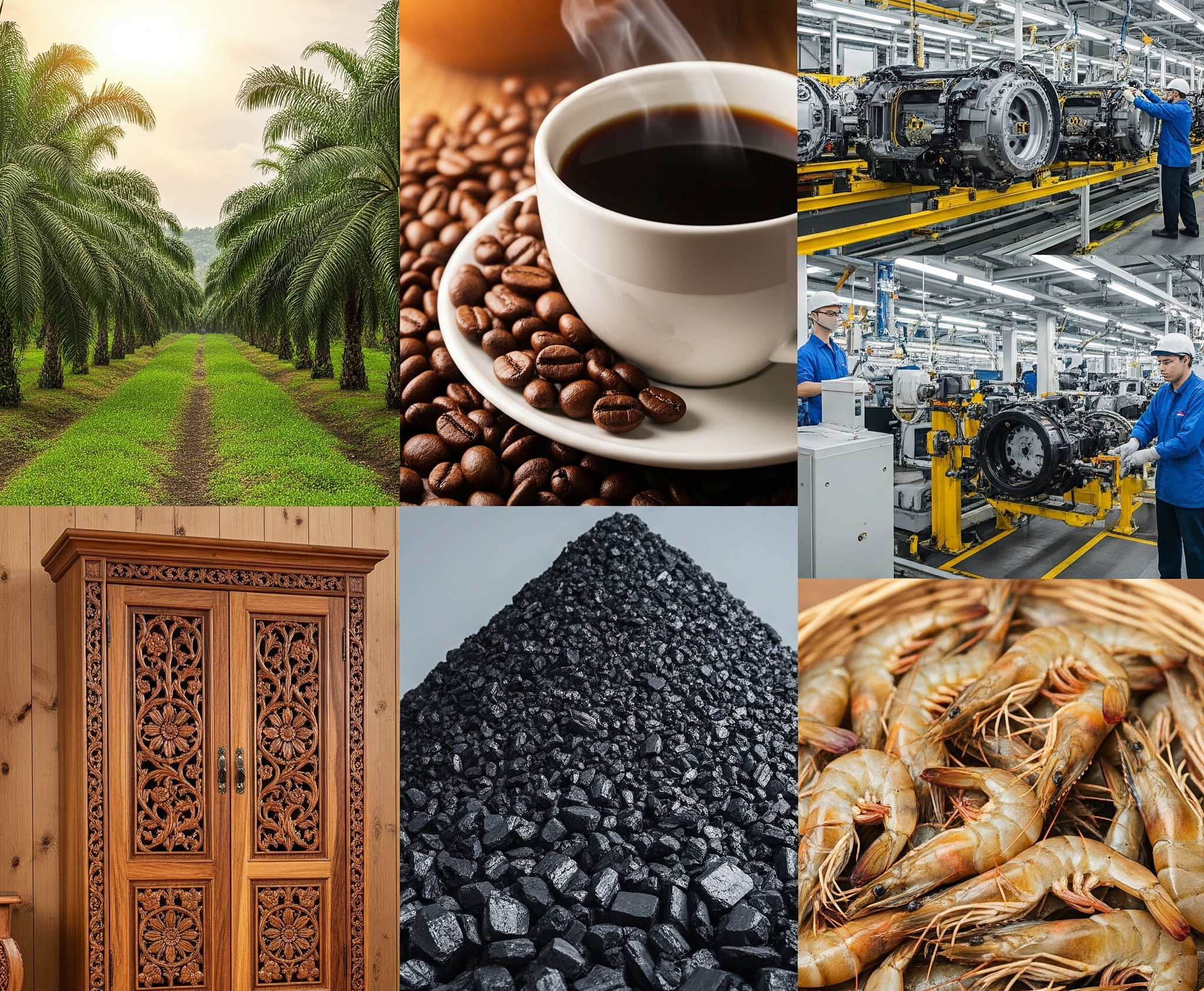 Sebuah kolase dinamis yang menampilkan komoditas ekspor Indonesia terbesar, termasuk perkebunan kelapa sawit yang rimbun, secangkir kopi mengepul di samping biji kopi, jalur perakitan komponen mobil modern, perabot kayu bergaya, tumpukan batu bara, dan udang segar. Gambar ini menyampaikan pertumbuhan, perdagangan global, dan kekayaan sumber daya Indonesia.
