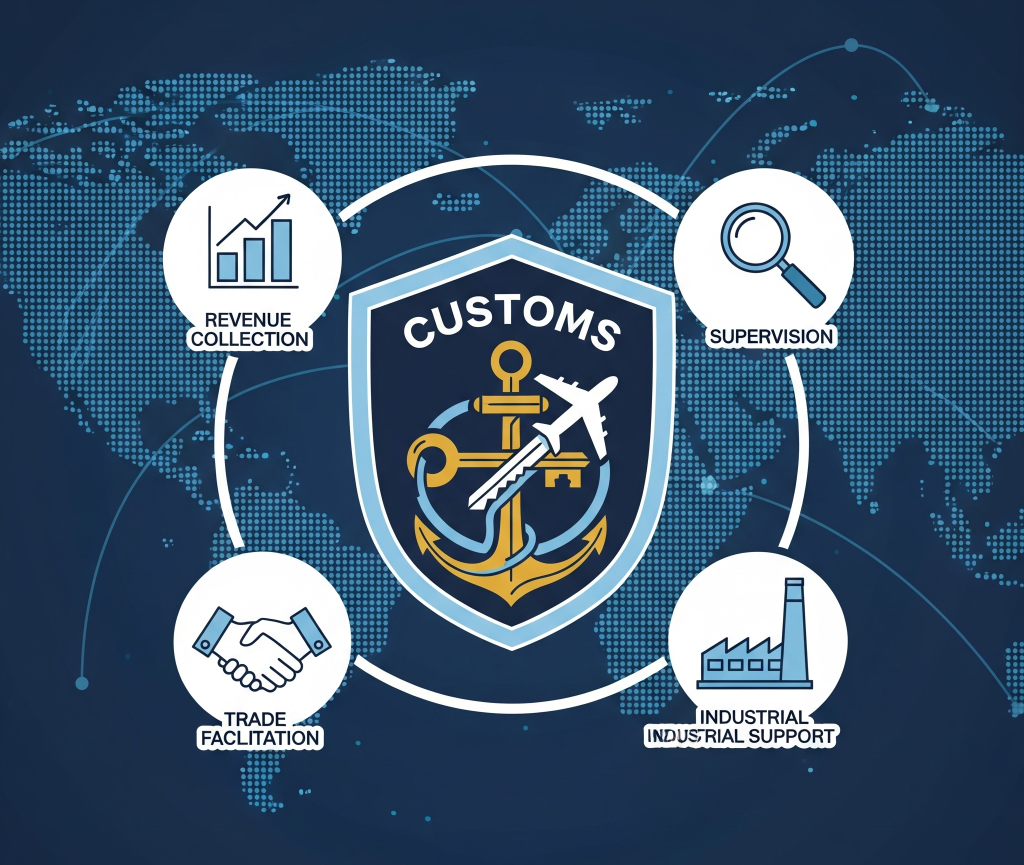 Ilustrasi vektor yang menunjukkan peran bea cukai dengan perisai di tengah bertuliskan "CUSTOMS" yang di dalamnya terdapat logo jangkar, pesawat, dan kunci. Perisai tersebut dikelilingi oleh empat ikon dalam lingkaran putih yang berlabel, mewakili fungsi bea cukai seperti pengawasan, fasilitasi, pengumpulan pendapatan, dan dukungan industri, dengan latar belakang peta dunia global.